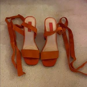 Burnt Orange Suede Ankle Tie Block Heel Sandal